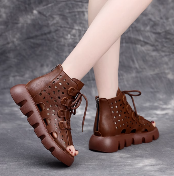 Women Leather Peep Toe Casual Platform Sandals