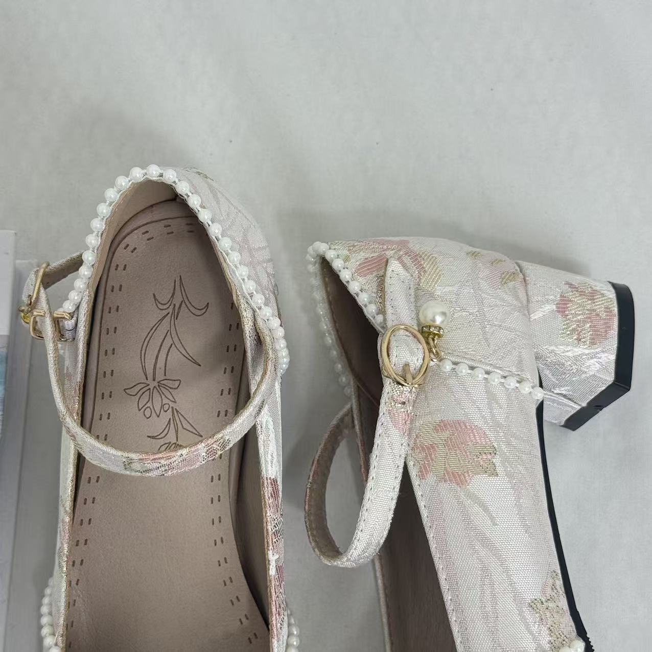 Block-Heel Shoes With Pearl-Embellished Straps PinTow