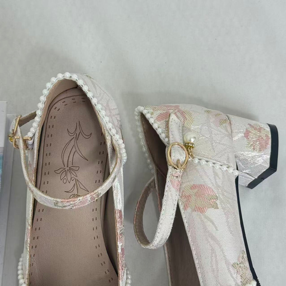Block-Heel Shoes With Pearl-Embellished Straps PinTow