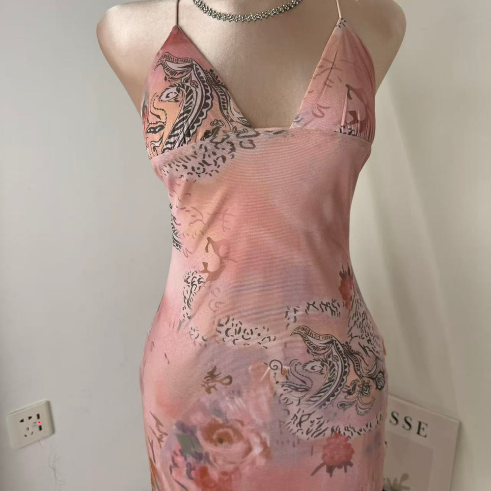 Neck-Length Fitted Printed A-Line Dress PinTow
