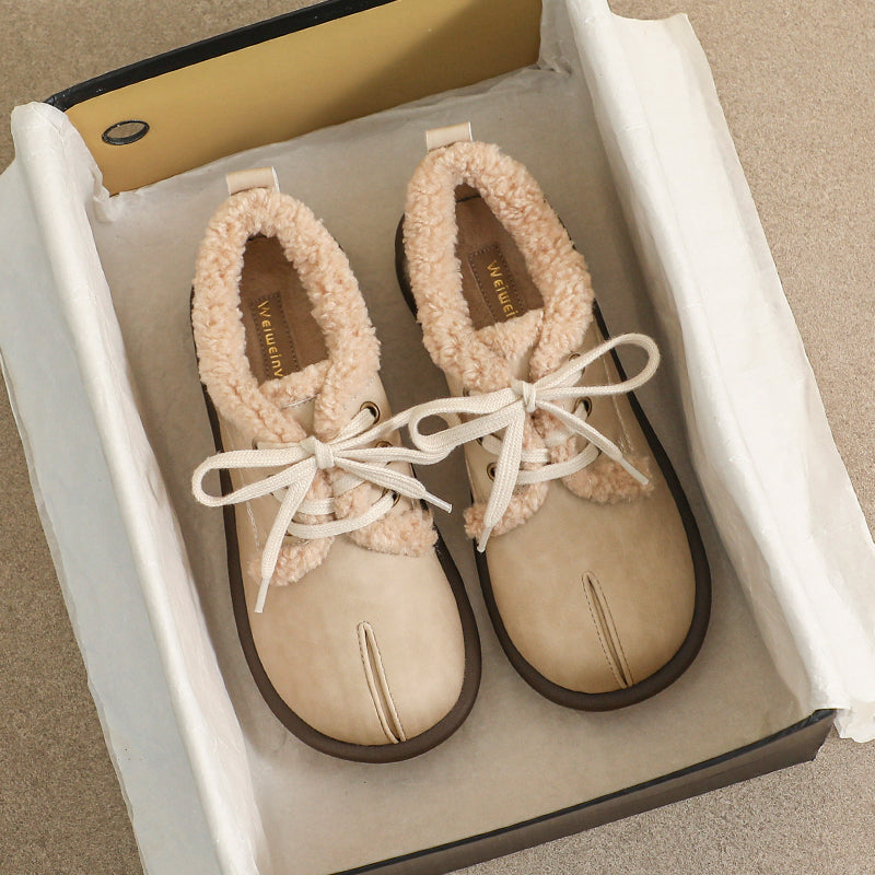Women Retro Leather Furred Flat Casual Shoes Newgew Shoes