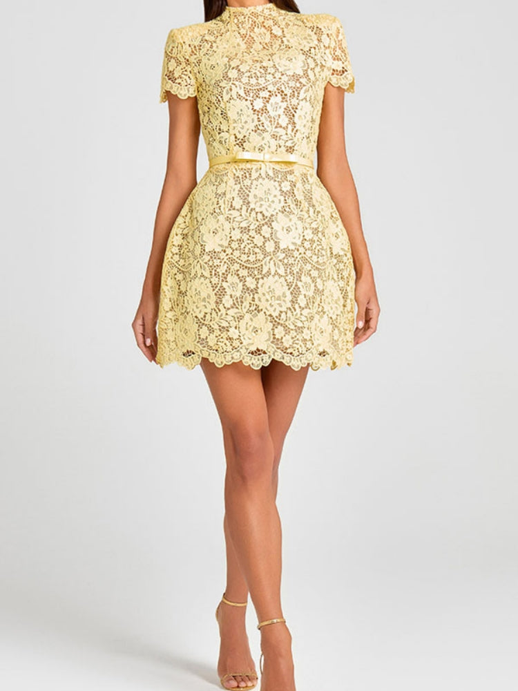 Embroidered Lace Belted Sheer Mini Dress Newgew Dresses