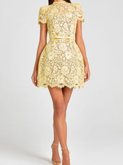 Embroidered Lace Belted Sheer Mini Dress Newgew Dresses