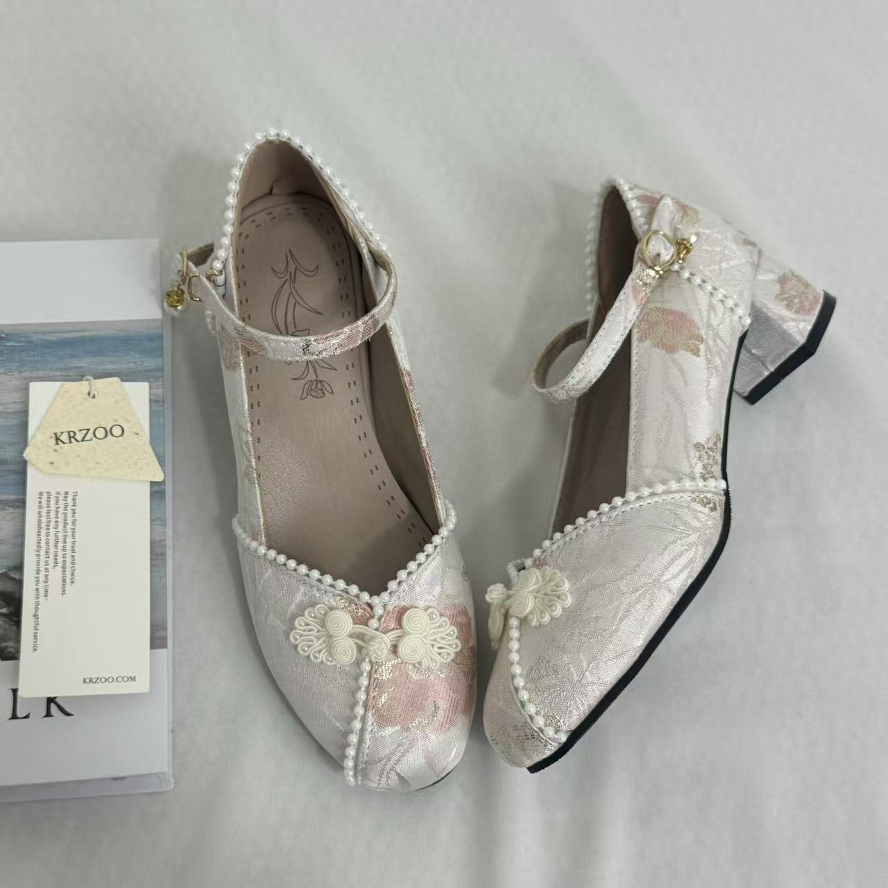 Block-Heel Shoes With Pearl-Embellished Straps PinTow