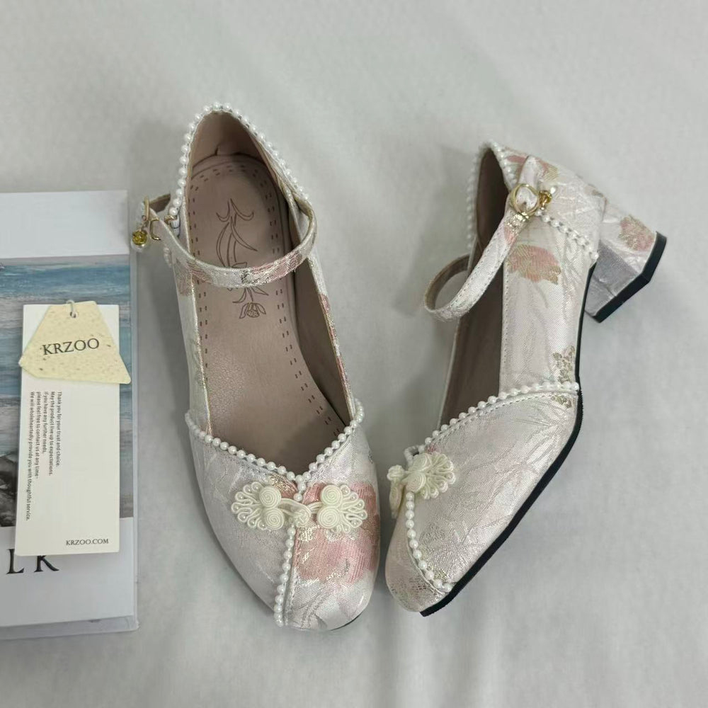 Block-Heel Shoes With Pearl-Embellished Straps PinTow