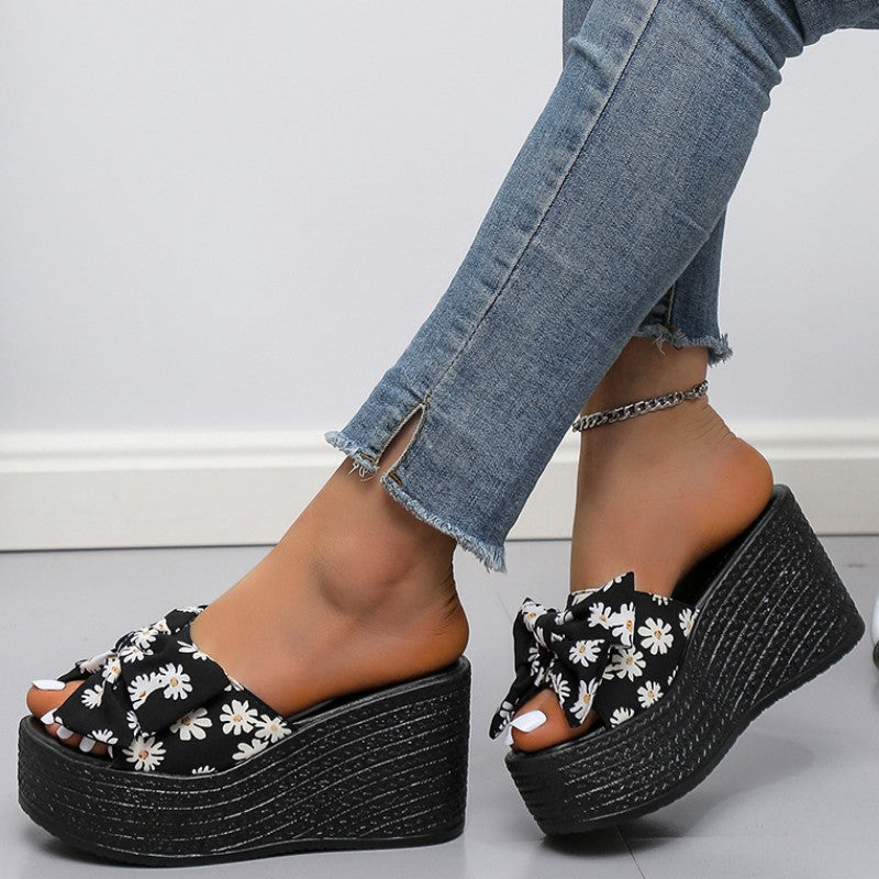 Casual Patchwork Printing With Bow Round Wedges Shoes (Heel Height 3.15in) NewGew
