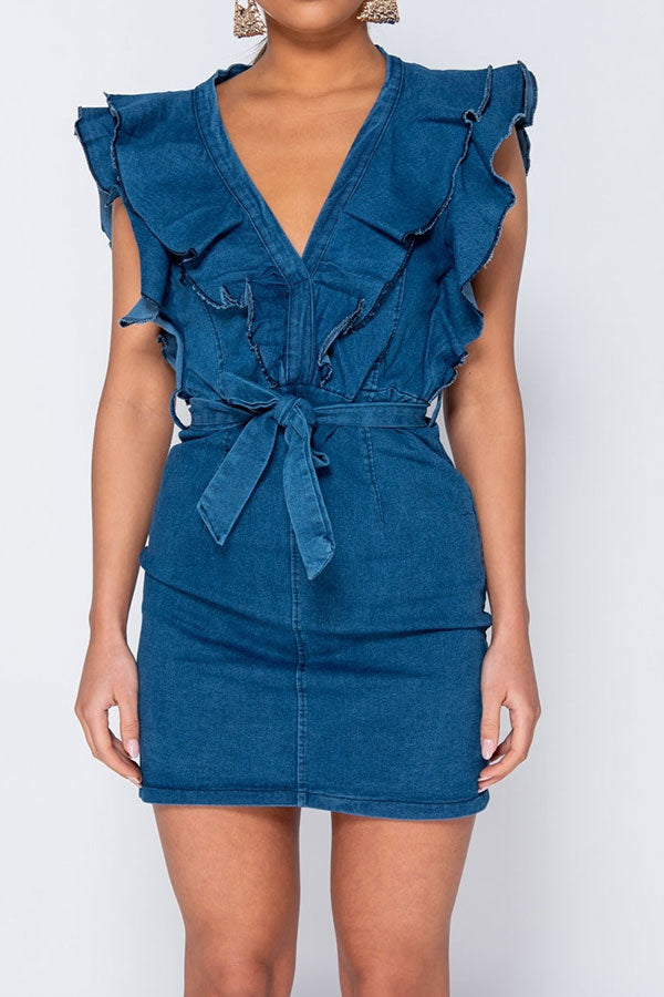 Ruffle Design Stunning Belted Denim Mini Dress NewGew