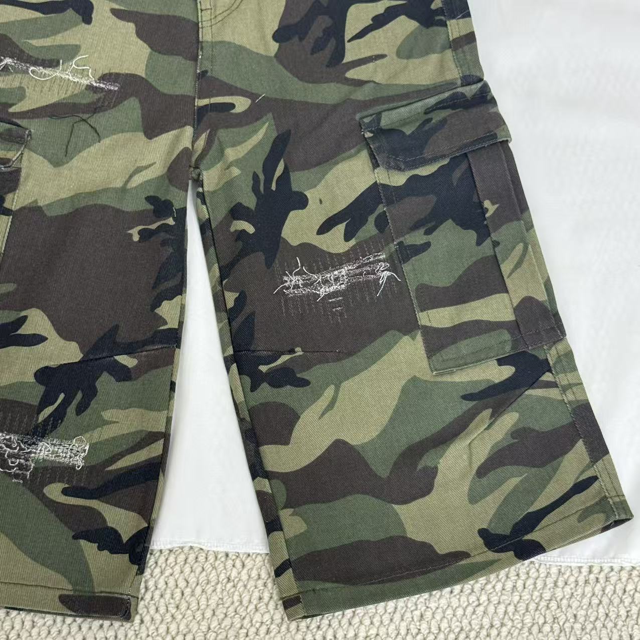 Washed Distressed Camouflage Shorts