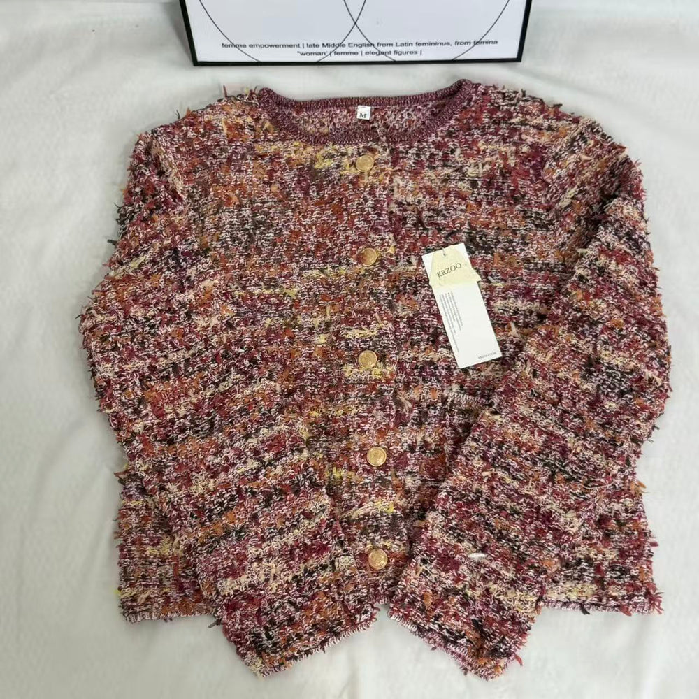 French-Style Round-Neck Long-Sleeve CardiganStyle: Cardigan Vibe: Casual Main fabric composition: Polyester Construction: Paneling/Splicing Sleeve type: Regular sleeve PinTow