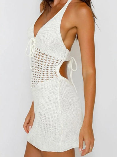 Halter Crochet Waist Backless Knit Mini Dress Newgew Dresses