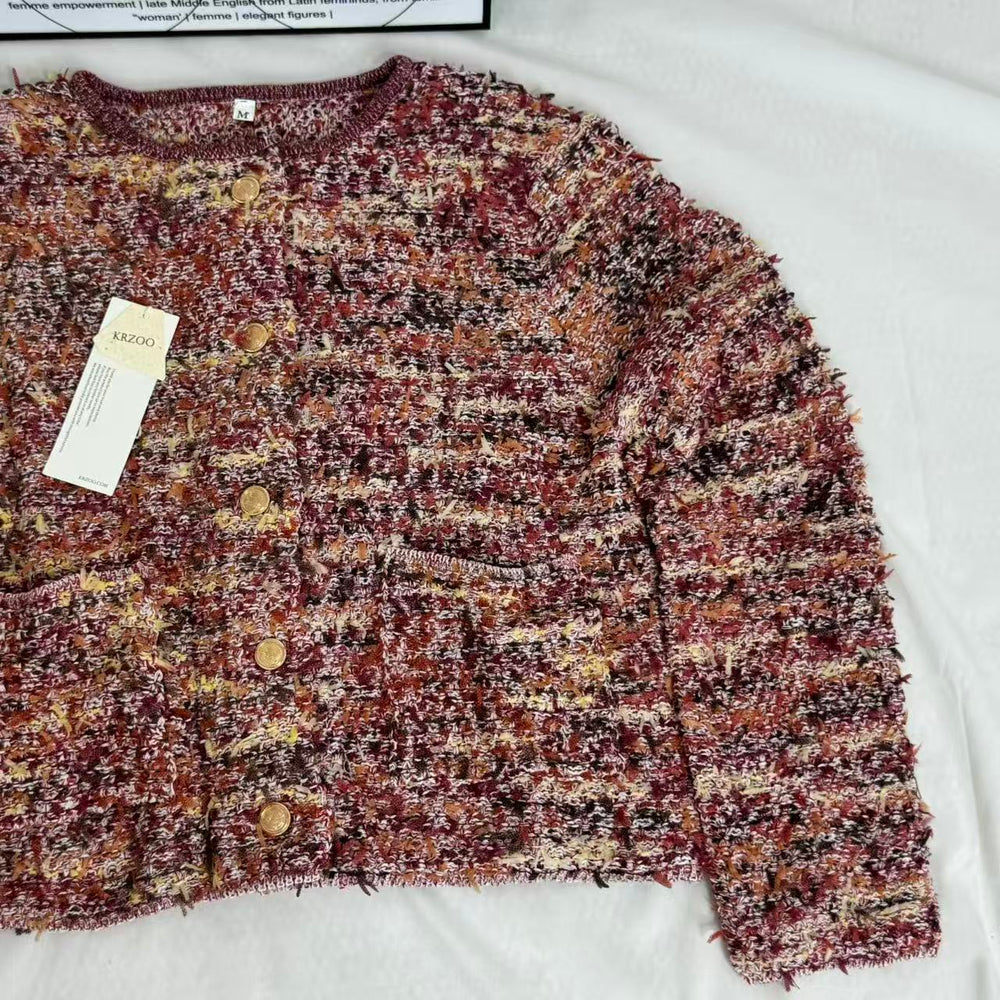 French-Style Round-Neck Long-Sleeve CardiganStyle: Cardigan Vibe: Casual Main fabric composition: Polyester Construction: Paneling/Splicing Sleeve type: Regular sleeve PinTow