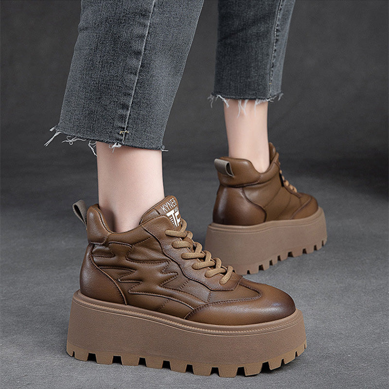 Women Minimalist Cowhide Chunky Platform Casual Shoes Newgew Shoes