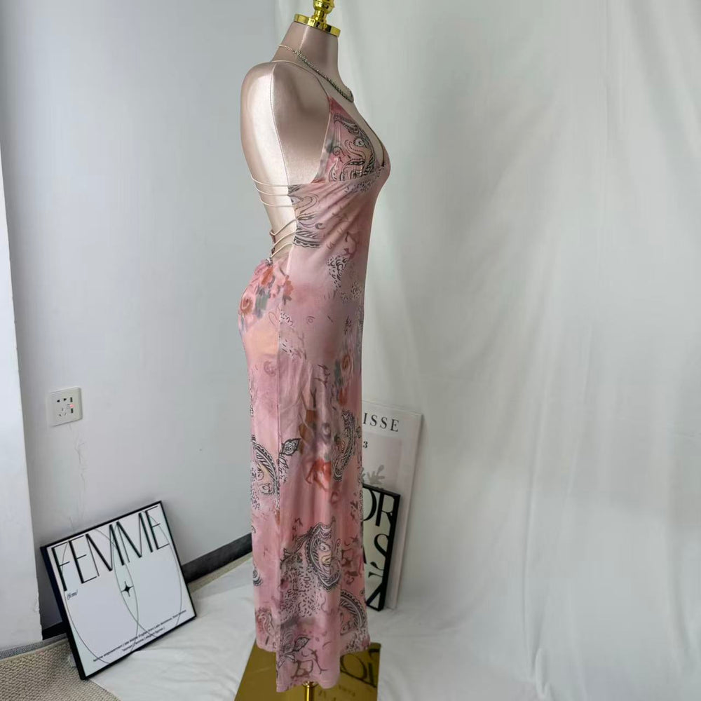 Neck-Length Fitted Printed A-Line Dress PinTow