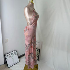 Neck-Length Fitted Printed A-Line Dress PinTow