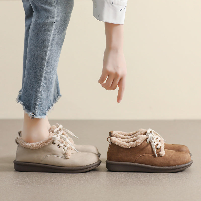 Women Retro Leather Furred Flat Casual Shoes Newgew Shoes