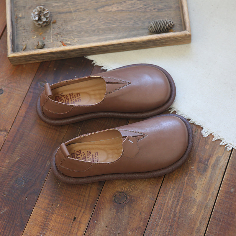 Women Retro Solid Soft Leather Flat Casual Shoes Newgew Shoes