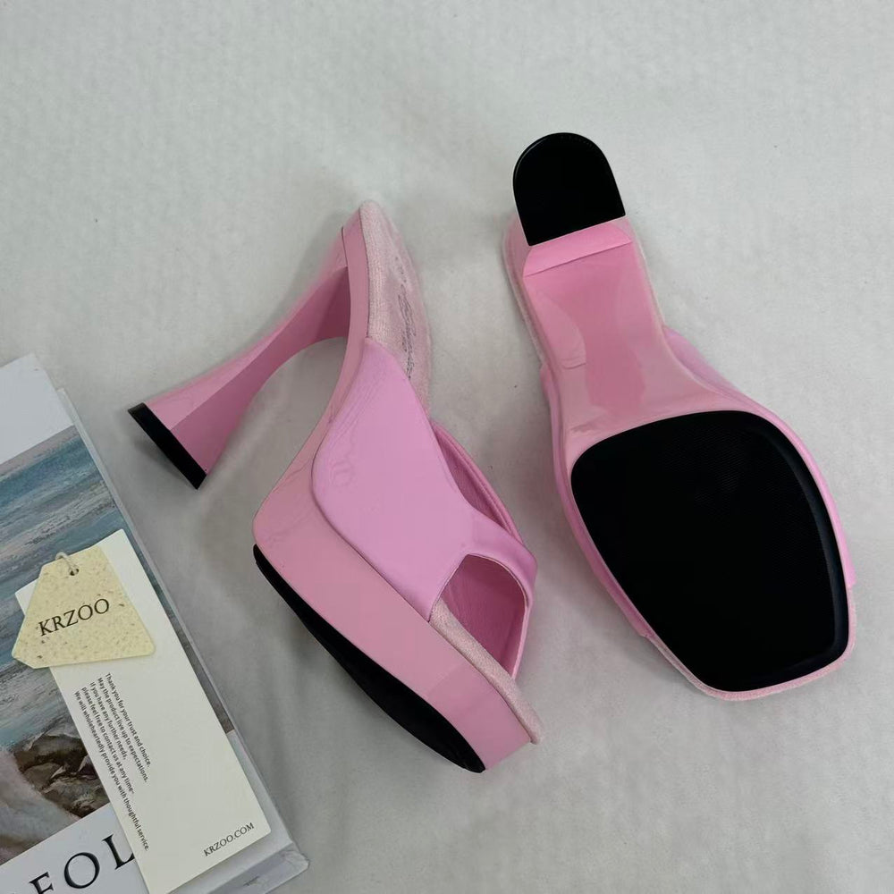 Square-Toe Crystal High Heels With Block Heels PinTow