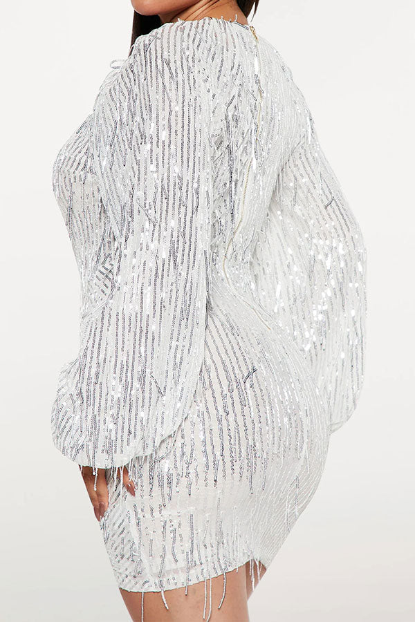 Sequined Tassel Party Deep V Neck Mini Dress NewGew