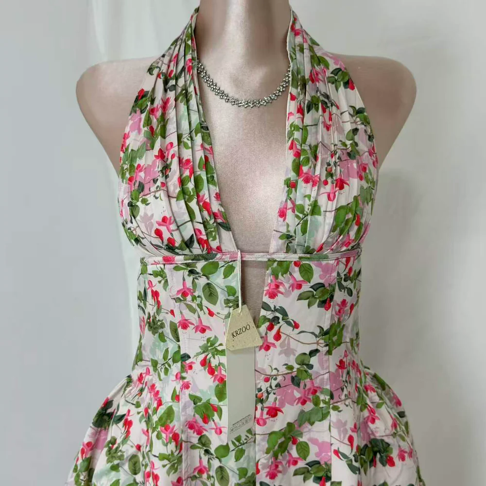 Deep V-Neck Halter Dress With Vintage Print PinTow