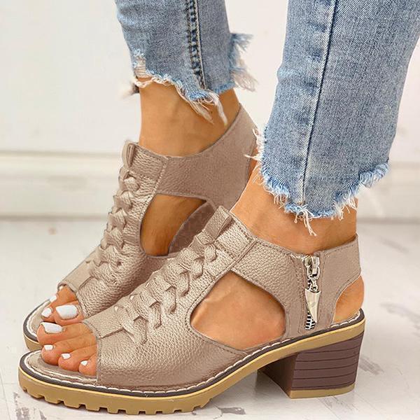 Peep Toe Cutout Zipper Chunky Heeled Sandals NewGew