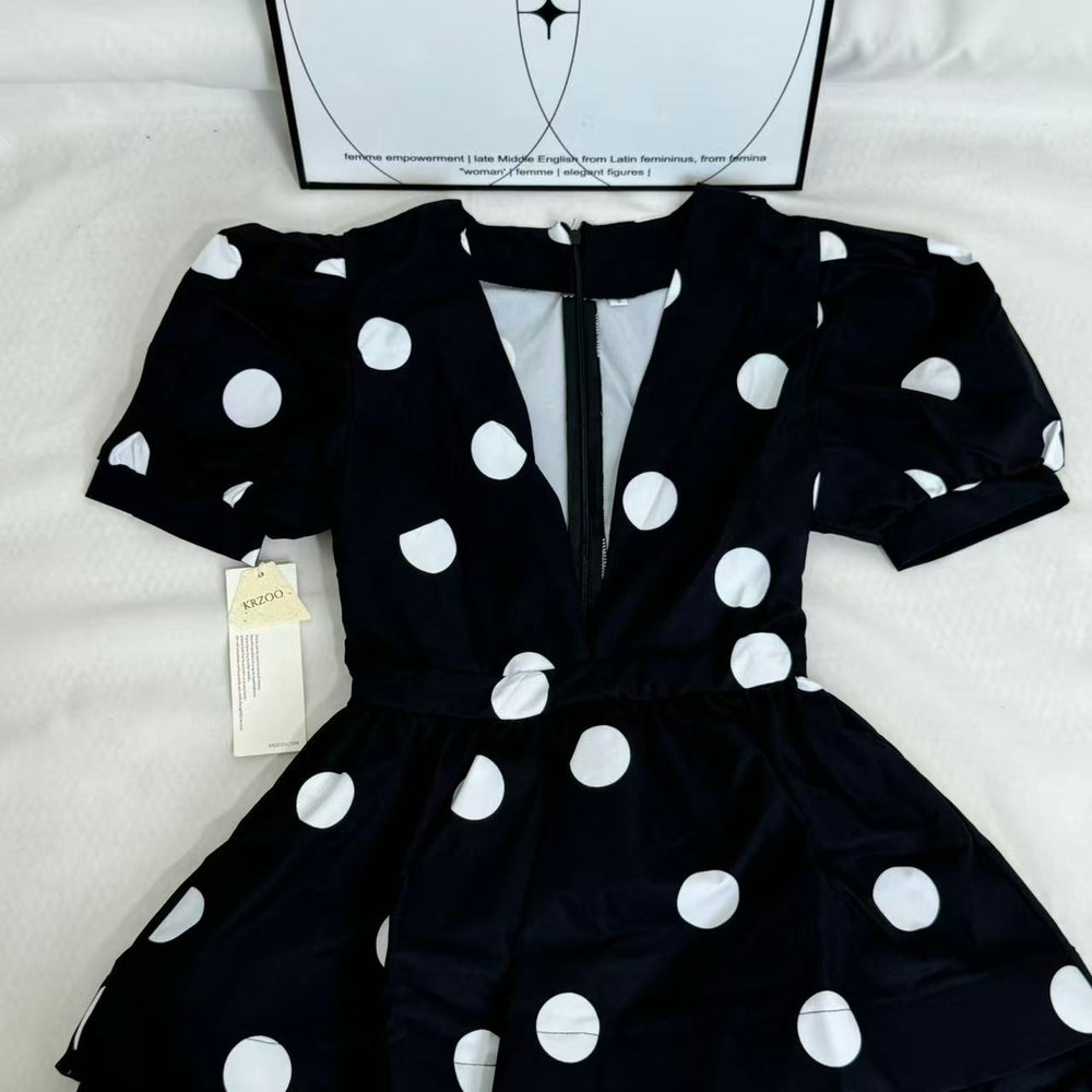Printed Deep-V Polka-Dot A-Line Dress PinTow