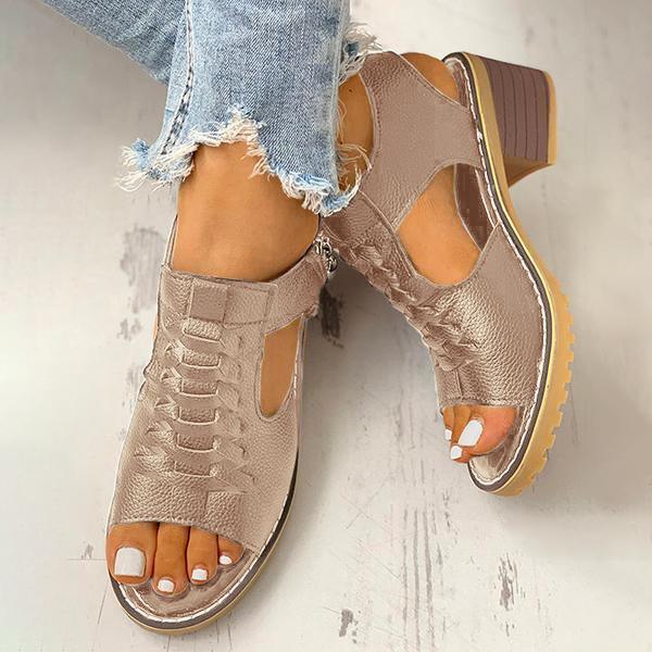 Peep Toe Cutout Zipper Chunky Heeled Sandals NewGew