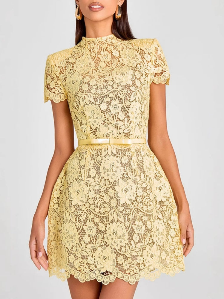 Embroidered Lace Belted Sheer Mini Dress Newgew Dresses