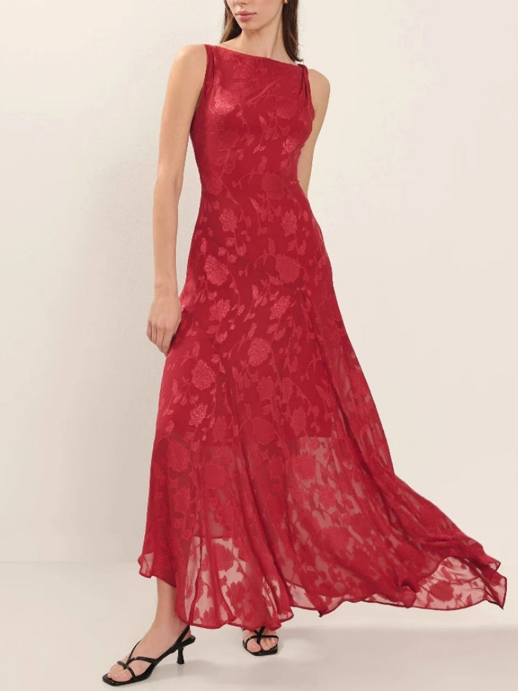 leeveless Lace Backless Jacquard High-Waist Maxi Dress Newgew Dresses