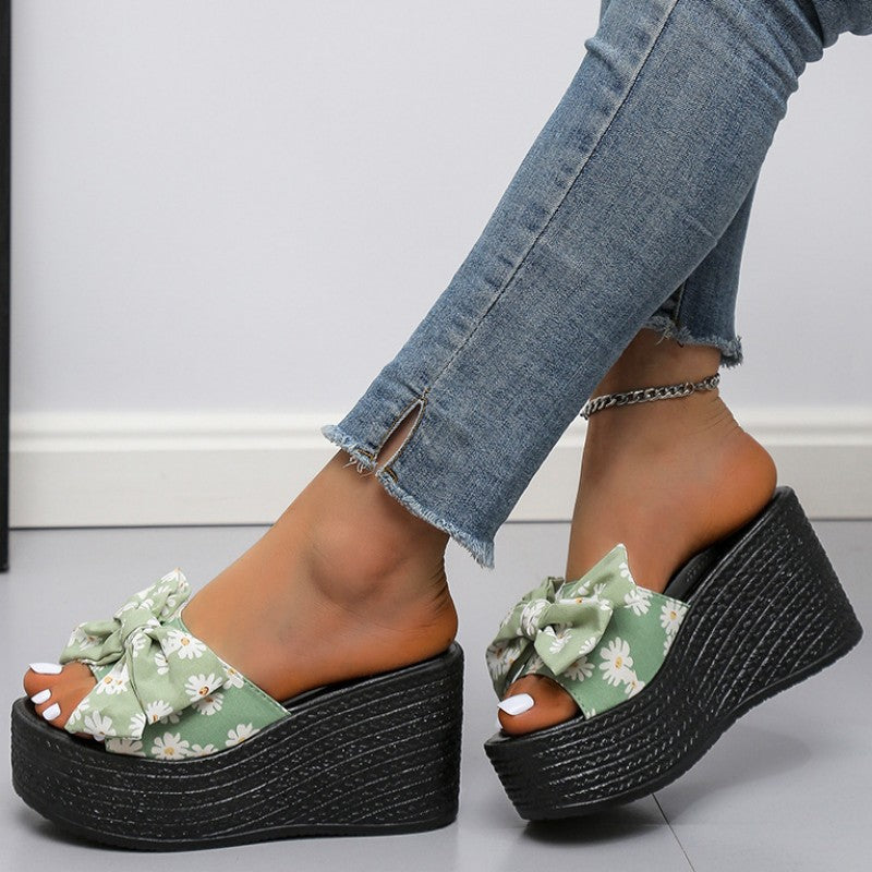 Casual Patchwork Printing With Bow Round Wedges Shoes (Heel Height 3.15in) NewGew