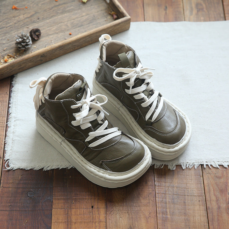 Women Retro Cowhide Handmade Thick Sole Casual Boots Newgew Shoes
