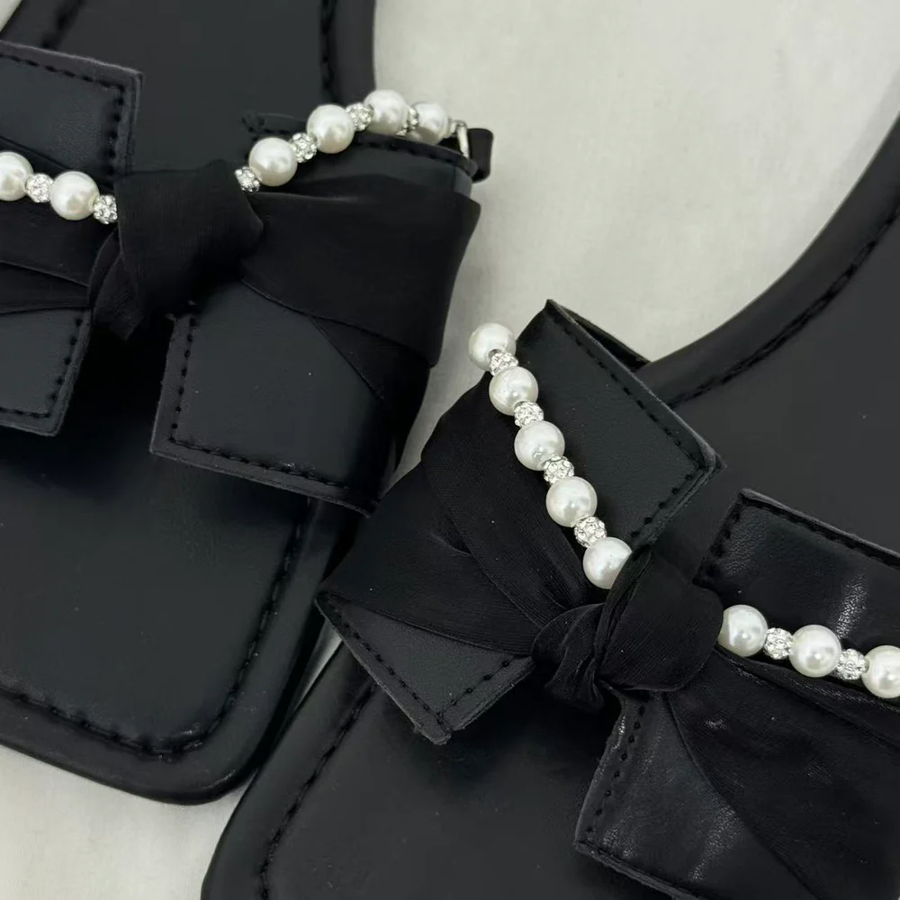 Black Bow-Detail Flat Slides PinTow