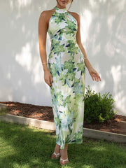 Floral Print Halter Backless Flowy Vacation Maxi Dresses Newgew Dresses