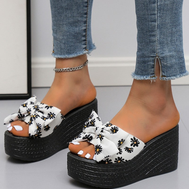 Casual Patchwork Printing With Bow Round Wedges Shoes (Heel Height 3.15in) NewGew