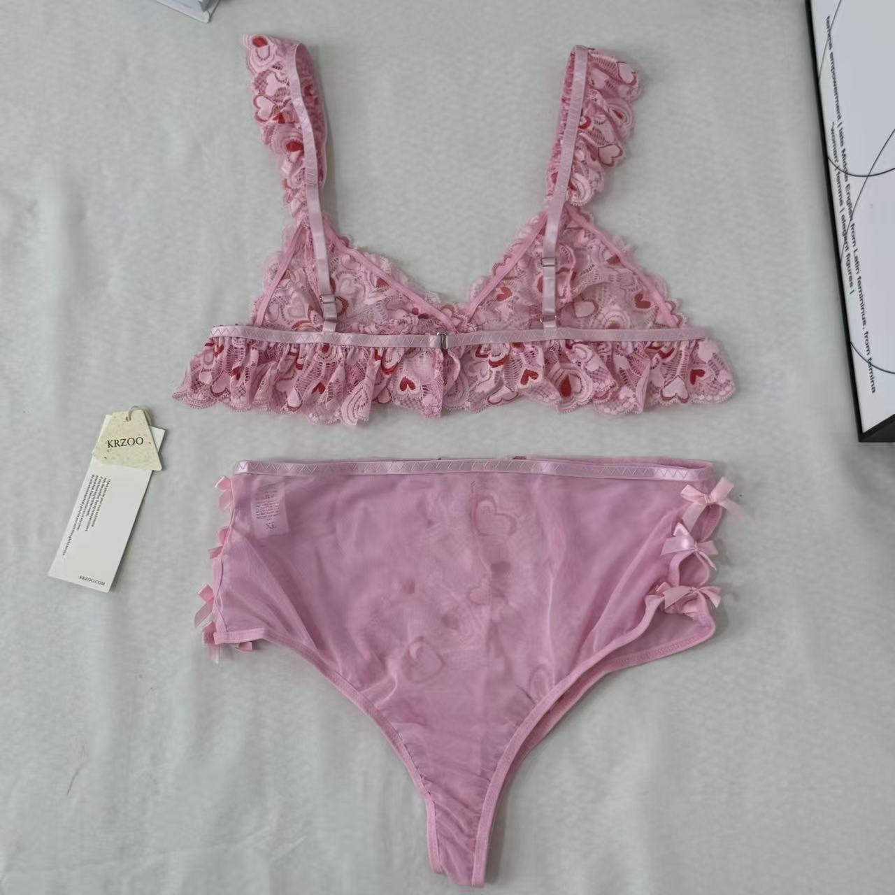 Mesh Heart Embroidery Hollow-Out Lingerie Set PinTow