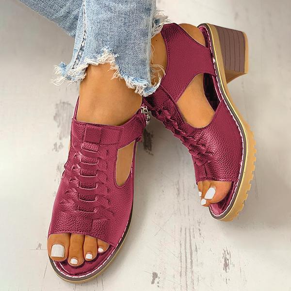 Peep Toe Cutout Zipper Chunky Heeled Sandals NewGew