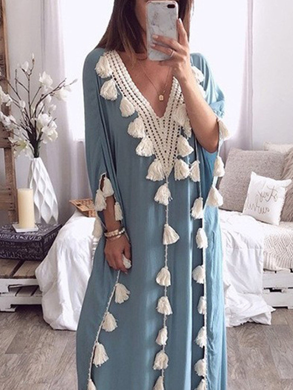 V-Neck Fringed Panel Dress Newgew Dresses