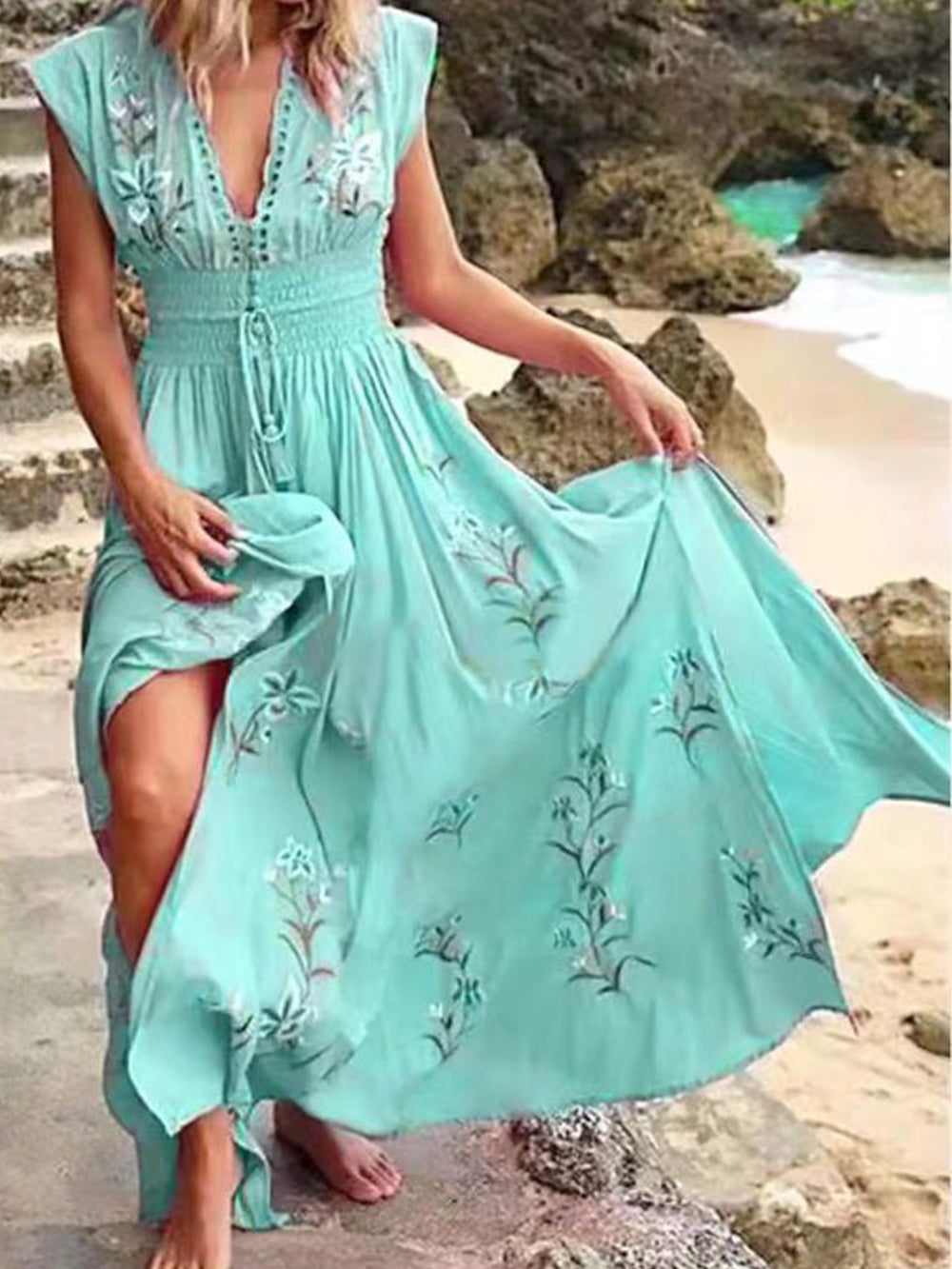 V Neck French Beach Boho Print Dress Newgew Dresses