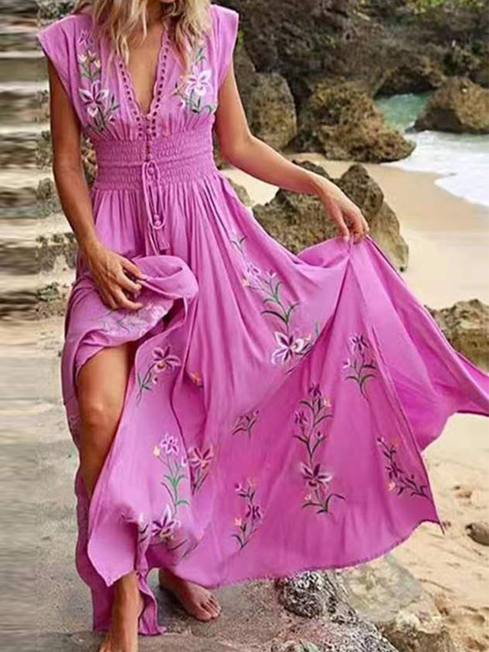 V Neck French Beach Boho Print Dress Newgew Dresses