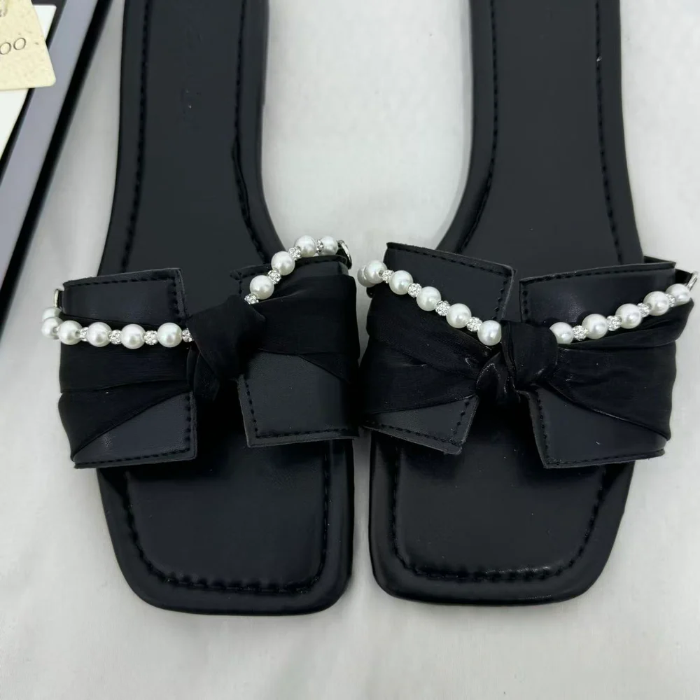 Black Bow-Detail Flat Slides PinTow