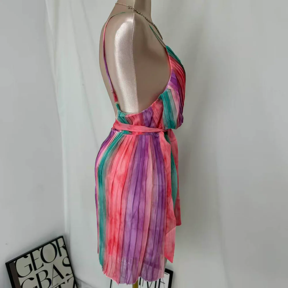Casual V-Neck Chiffon Dress With Waist Ties PinTow
