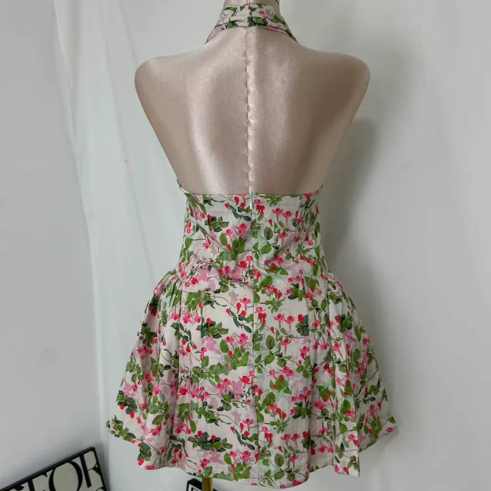 Deep V-Neck Halter Dress With Vintage Print PinTow