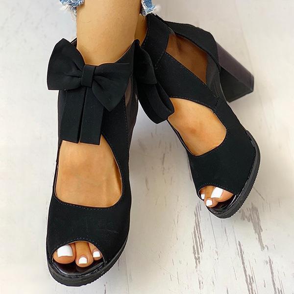 Peep Toe Mesh Insert Bowknot Chunky Heeled Sandals NewGew