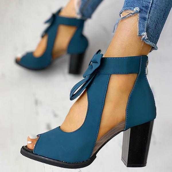 Peep Toe Mesh Insert Bowknot Chunky Heeled Sandals NewGew