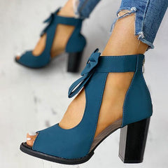 Peep Toe Mesh Insert Bowknot Chunky Heeled Sandals NewGew
