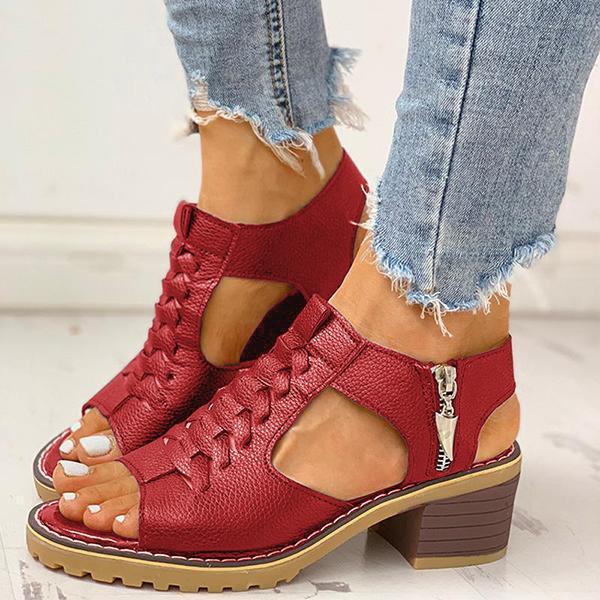 Peep Toe Cutout Zipper Chunky Heeled Sandals NewGew