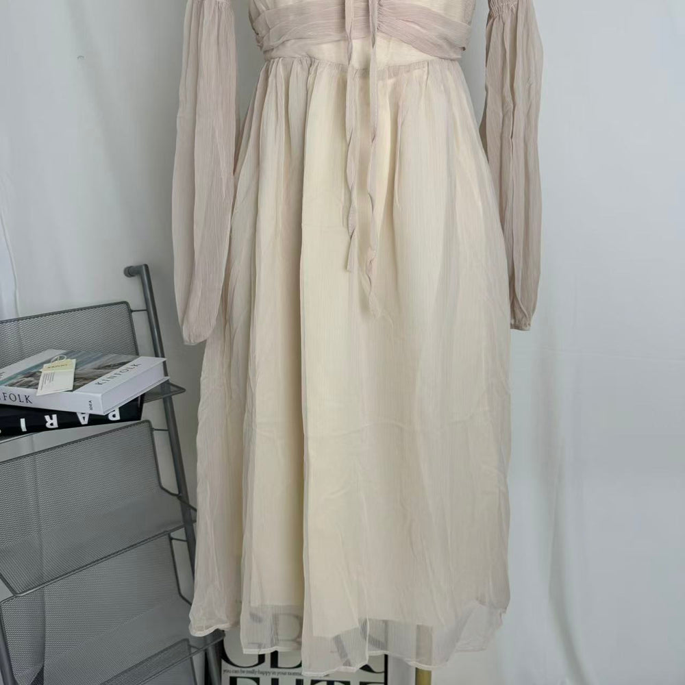 Square-Neck Long-Sleeve Chiffon Dress PinTow