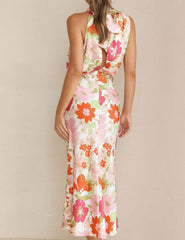 Floral Halter Neck Elastic Waist Maxi Dress Newgew Dresses