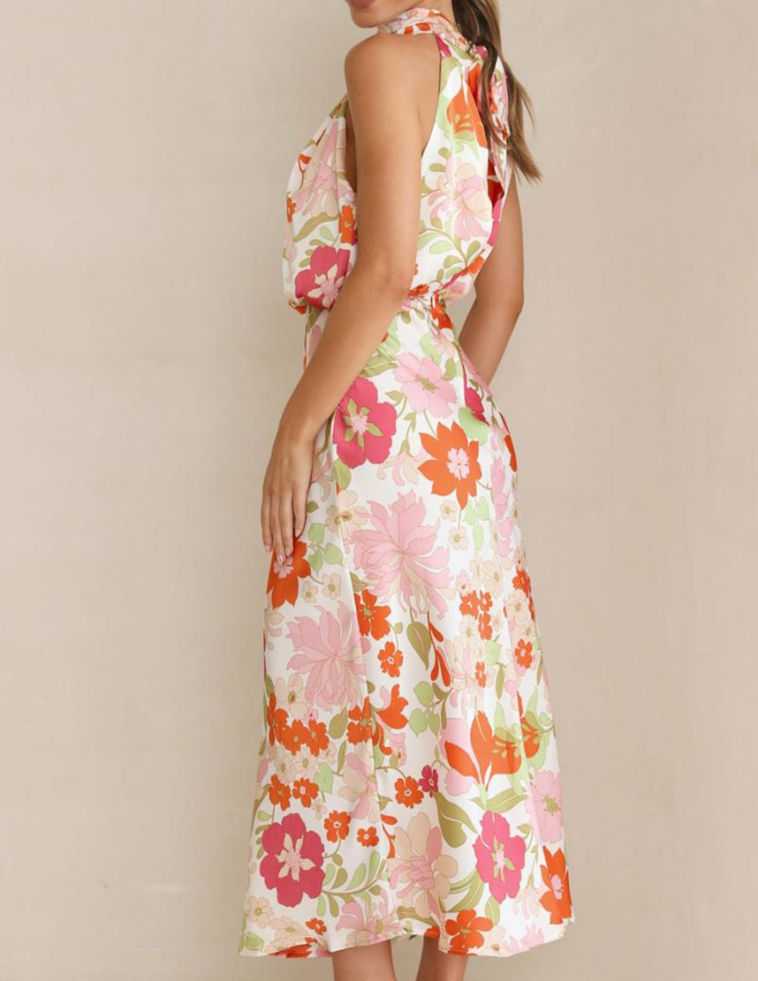 Floral Halter Neck Elastic Waist Maxi Dress Newgew Dresses