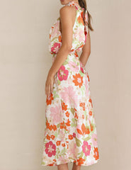 Floral Halter Neck Elastic Waist Maxi Dress Newgew Dresses