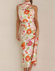 Floral Halter Neck Elastic Waist Maxi Dress Newgew Dresses